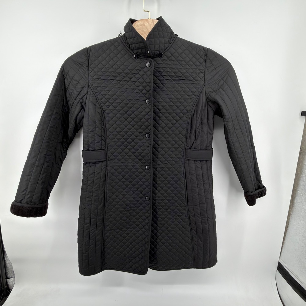 Larry Levine Quilted Jacket Womens L Black Faux Fur Lined Snap Front Coat